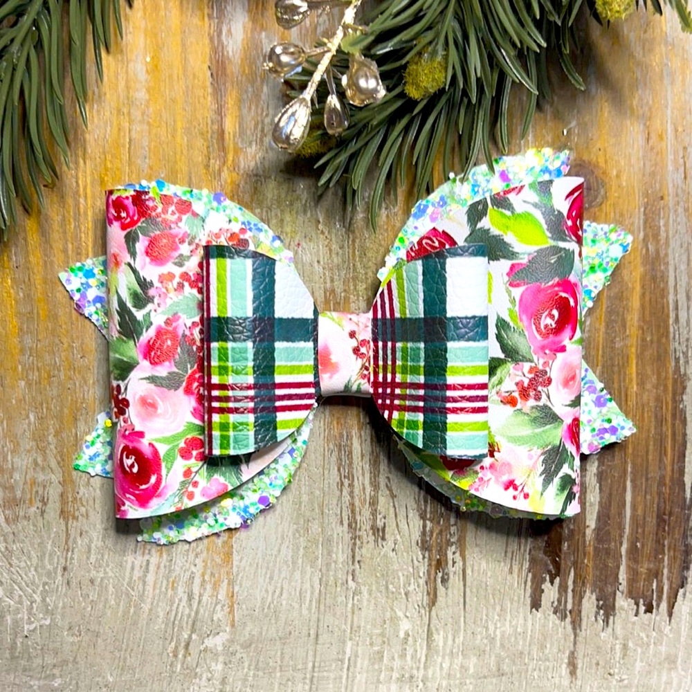 JeweledArt Christmas Collection Lux Hair Bow - Holiday Floral 4.5”